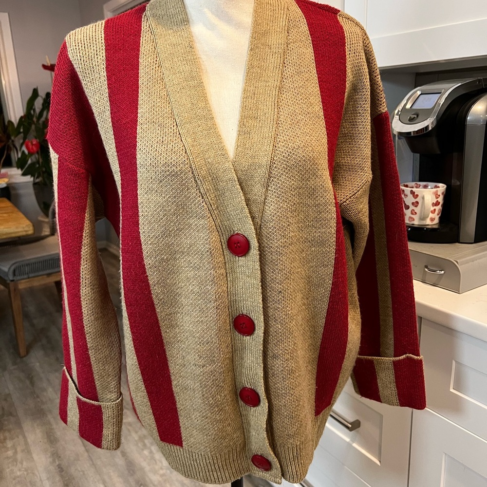 Elegant Red and Tan Striped Women's Cardigan